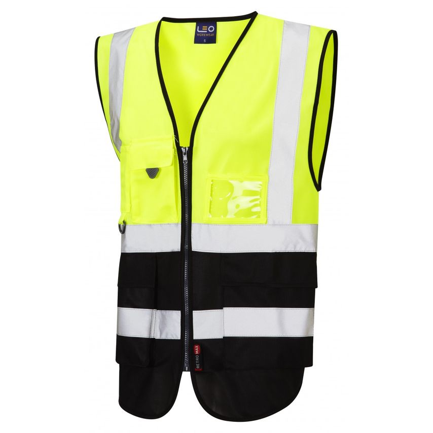 Leo Workwear Lynton ISO 20471 CL 1 Superior Waistcoat HV Yellow/Black Medium