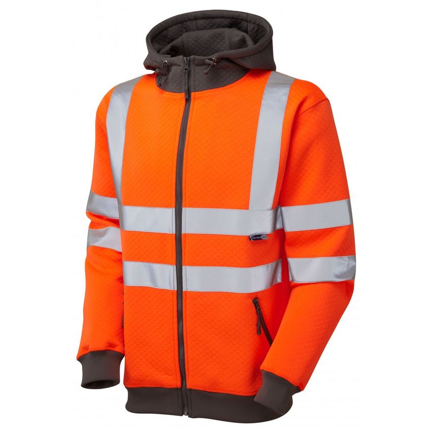 Leo Workwear Saunton ISO 20471 CL 3 Full ZIP Hooded Sweatshirt Hi-vis OrangeLarg