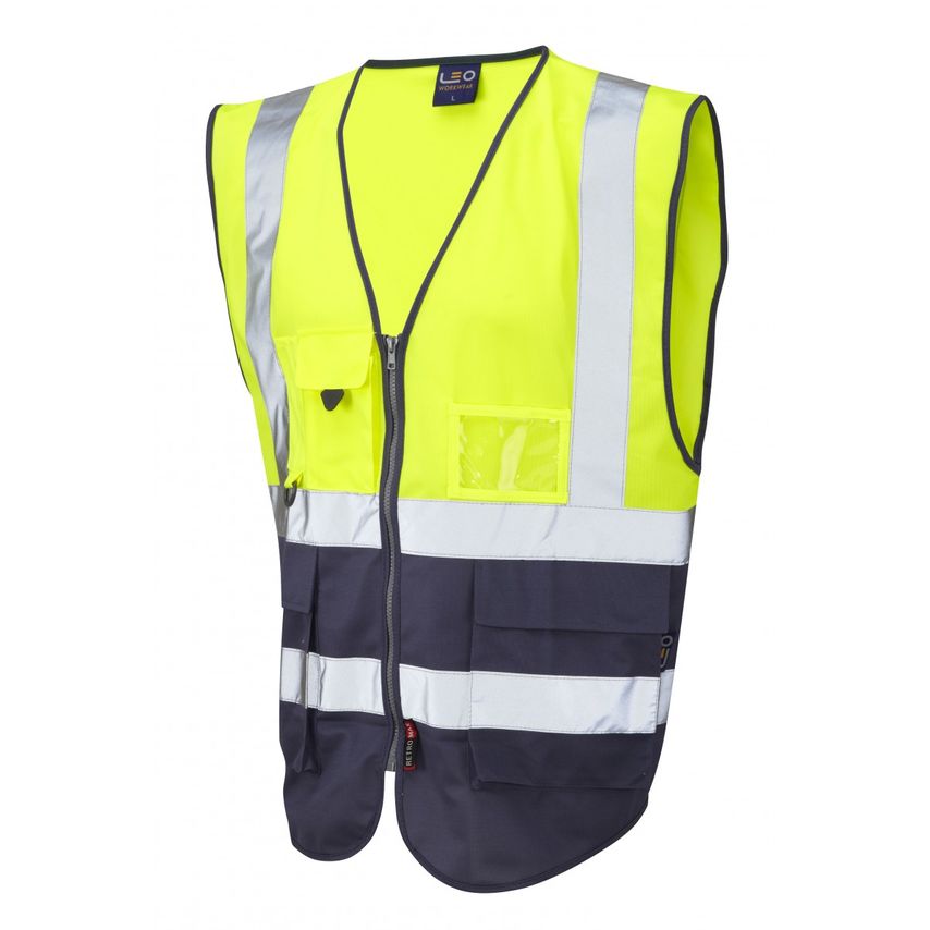 Leo Workwear Lynton ISO 20471 CL 1 Superior Waistcoat HV Yellow/Navy Small