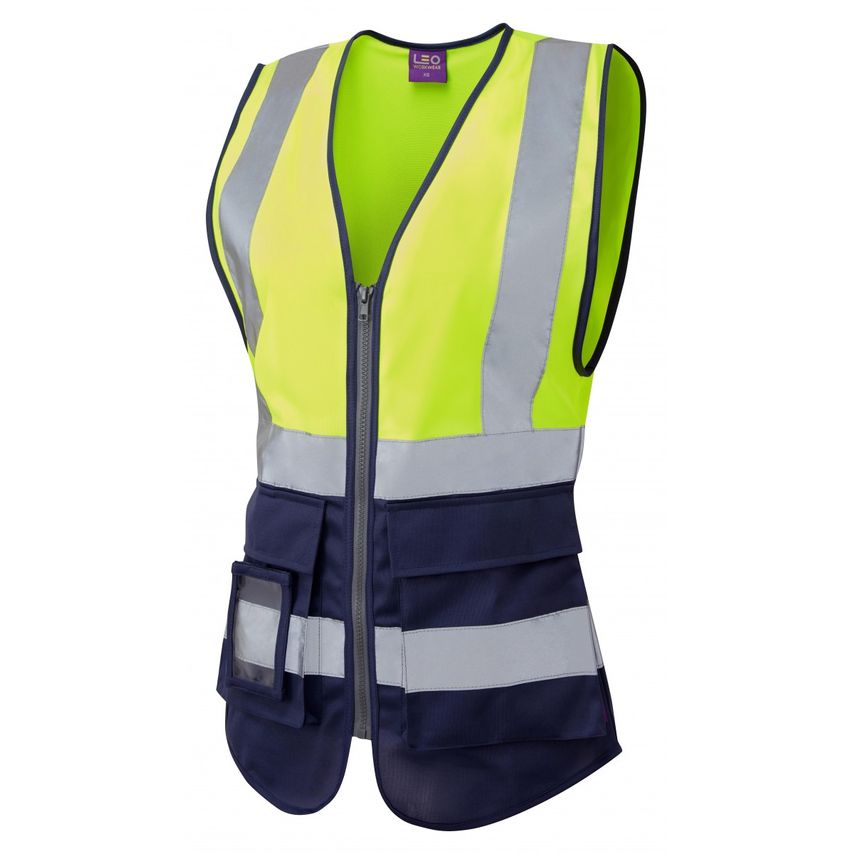 Leo Workwear Lynmouth ISO 20471 CL 1 Superior Women's Waistcoat HV Yellow/Navy X