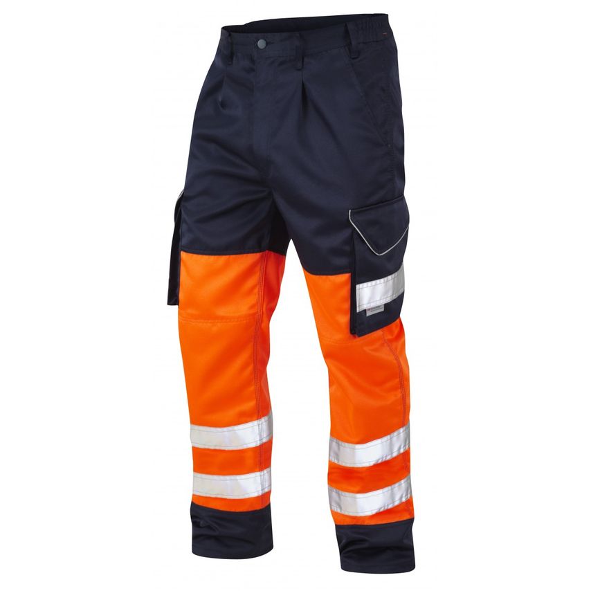 Leo Workwear Bideford ISO 20471 CL 1 Poly/Cotton Cargo Trouser HV Orange/Navy 38