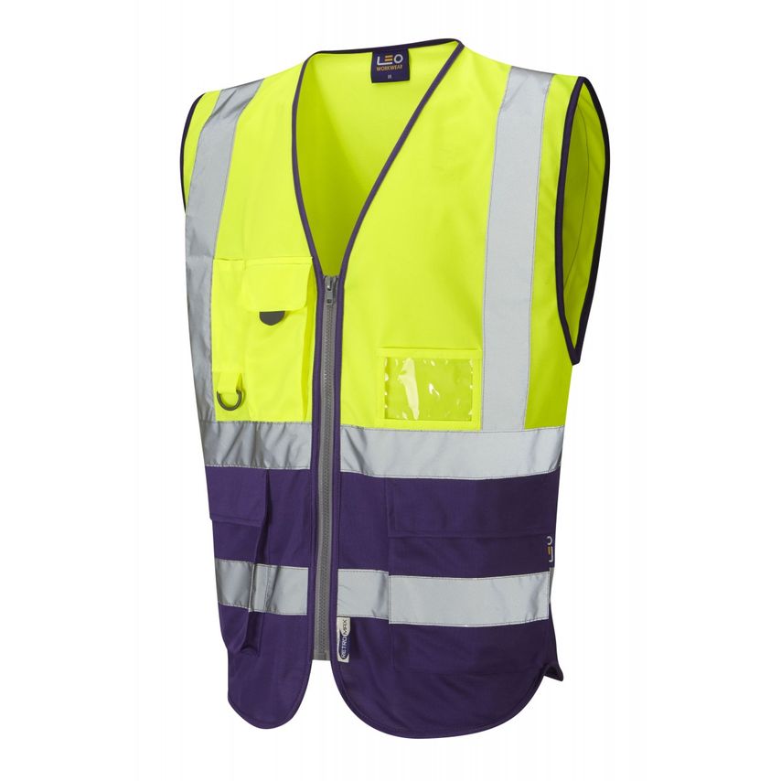 Leo Workwear Lynton ISO 20471 CL 1 Superior Waistcoat HV Yellow/Purple Small