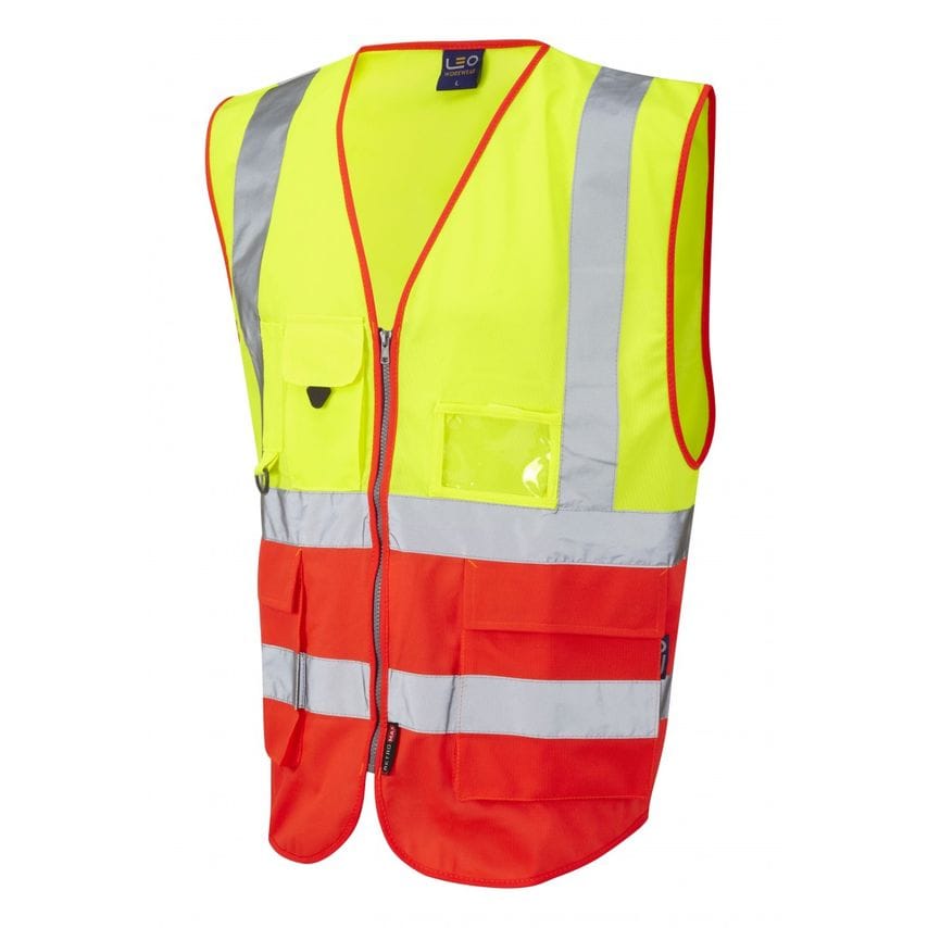Leo Workwear Lynton ISO 20471 CL 2 Superior Waistcoat HV Yellow/Hv Red XXL