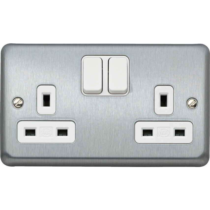 Double Socket, with Dual Earth Switch, 13A, Brushed Chrome