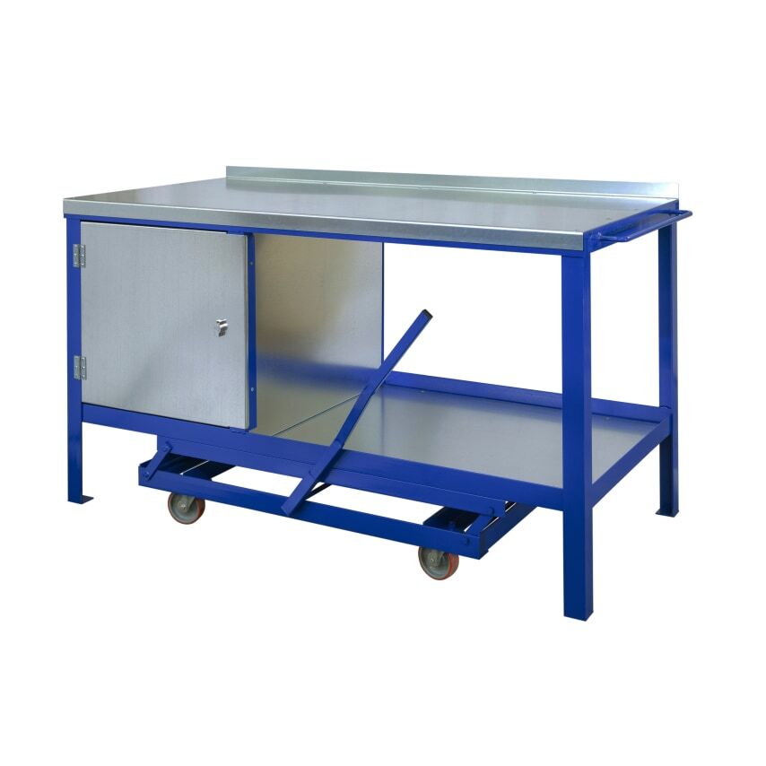JAS Engineering Yellow 1500mm x 600mm Steel Top Mobile Workbench with Cupboard,