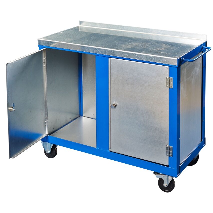 JAS Engineering Red 1000mm x 500mm Galvanised Steel Top Tool Trolley with 2 Cupb
