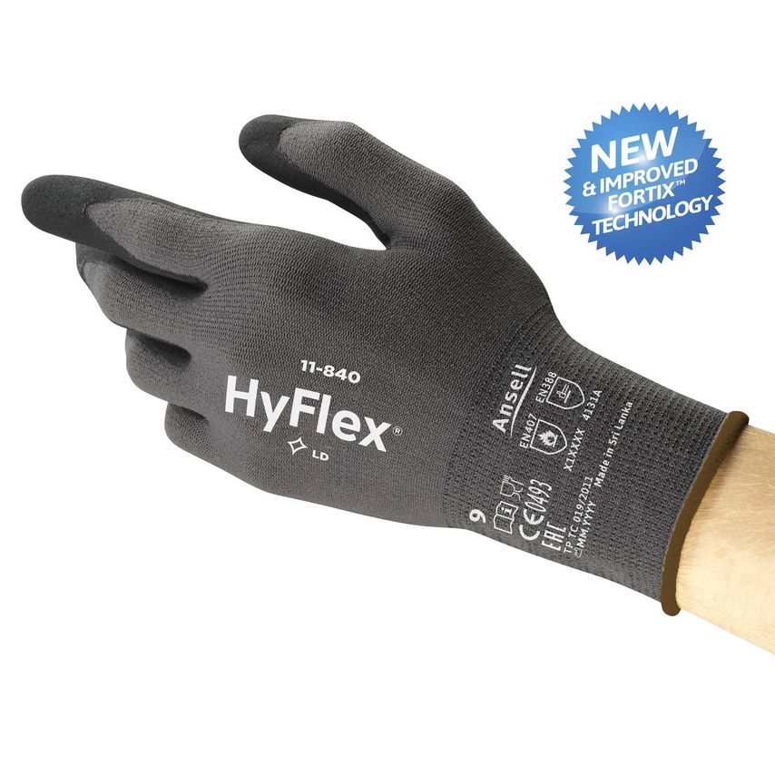 Ansell 11-840 Hyflex Fortix (Vending Packaged) Palm-side Coated Black/Grey Glove