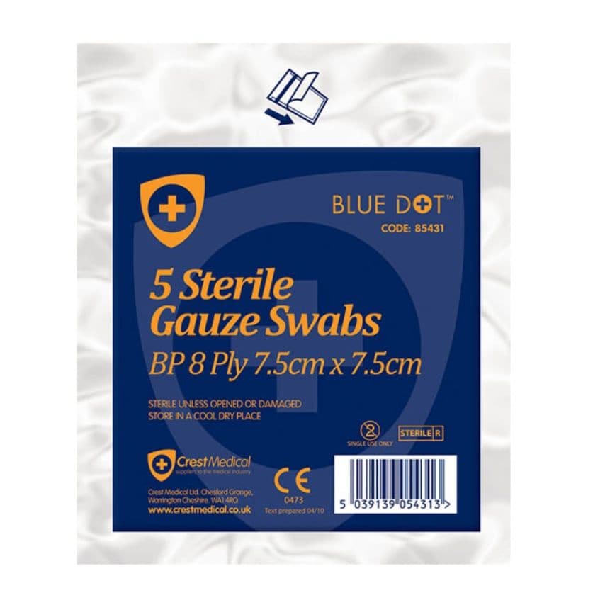 Blue Dot Sterile Gauze Swabs 7.5cm, Pack of 5