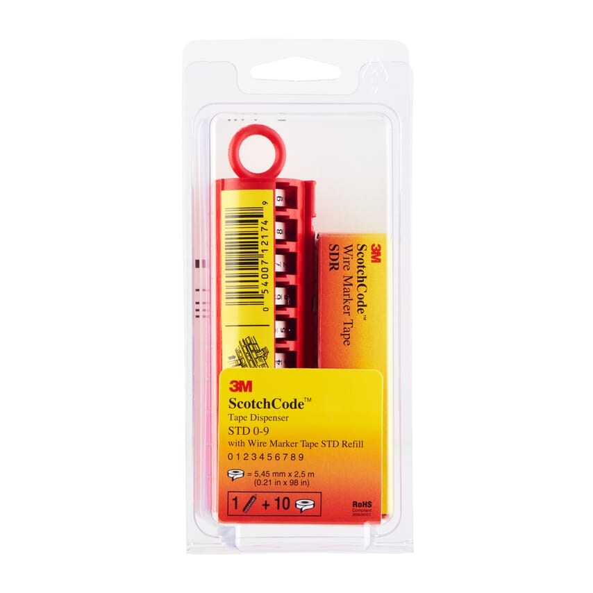 ScotchCode Wire Marker Tape Dispenser STD, with refill pack, 0-9 Filled