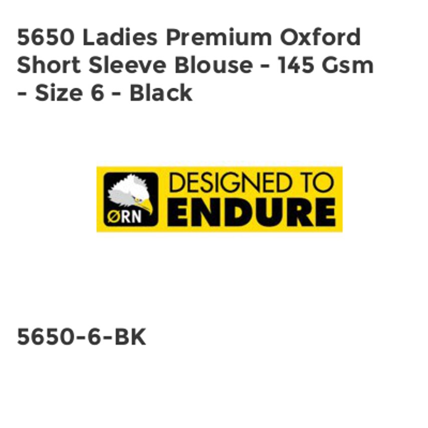 ORN 5650 Ladies Premium Oxford Short Sleeve Blouse - 145 GSM - Size 6 - Black