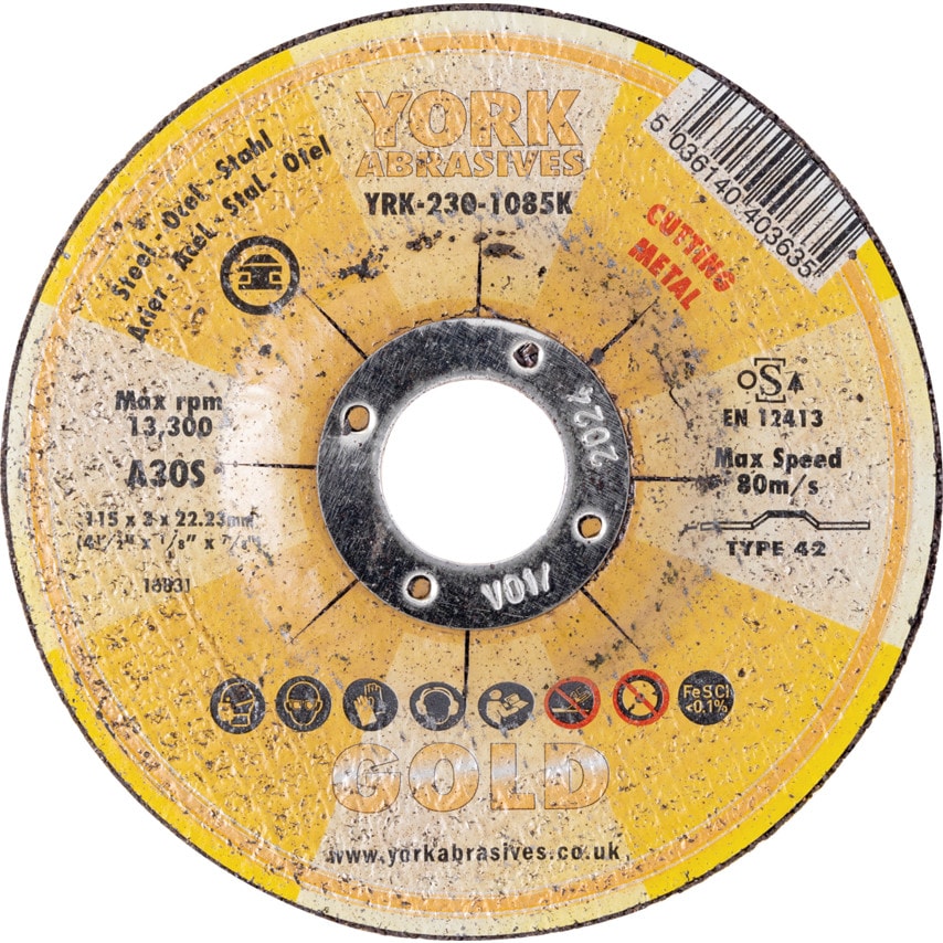 York Abrasives Gold 115 X 3 X 22MM A30S Cutting Disc - Type 42 Depressed Centre
