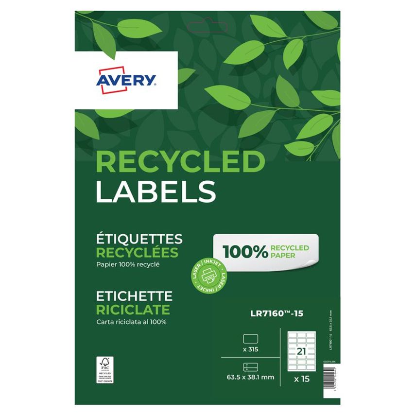 Avery Avery Laser Recycled Address Label 63.5x38.1mm 21 Per A4 Sheet White (Pack - Picture 1 of 1