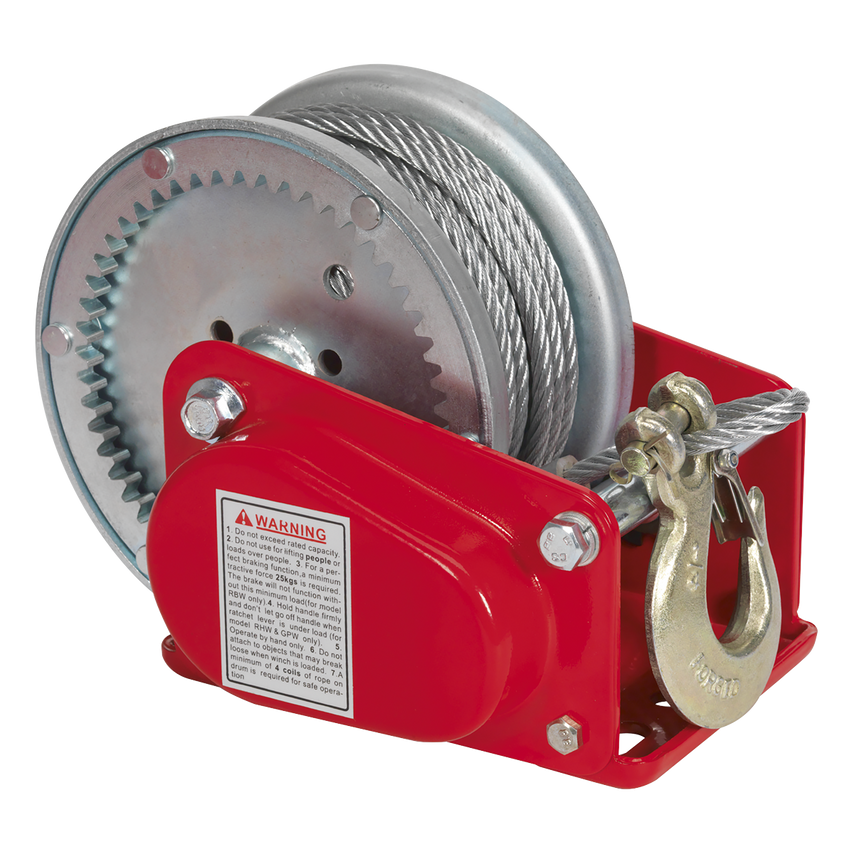 Sealey Geared Hand Winch with Brake & Cable 900kg at Zoro