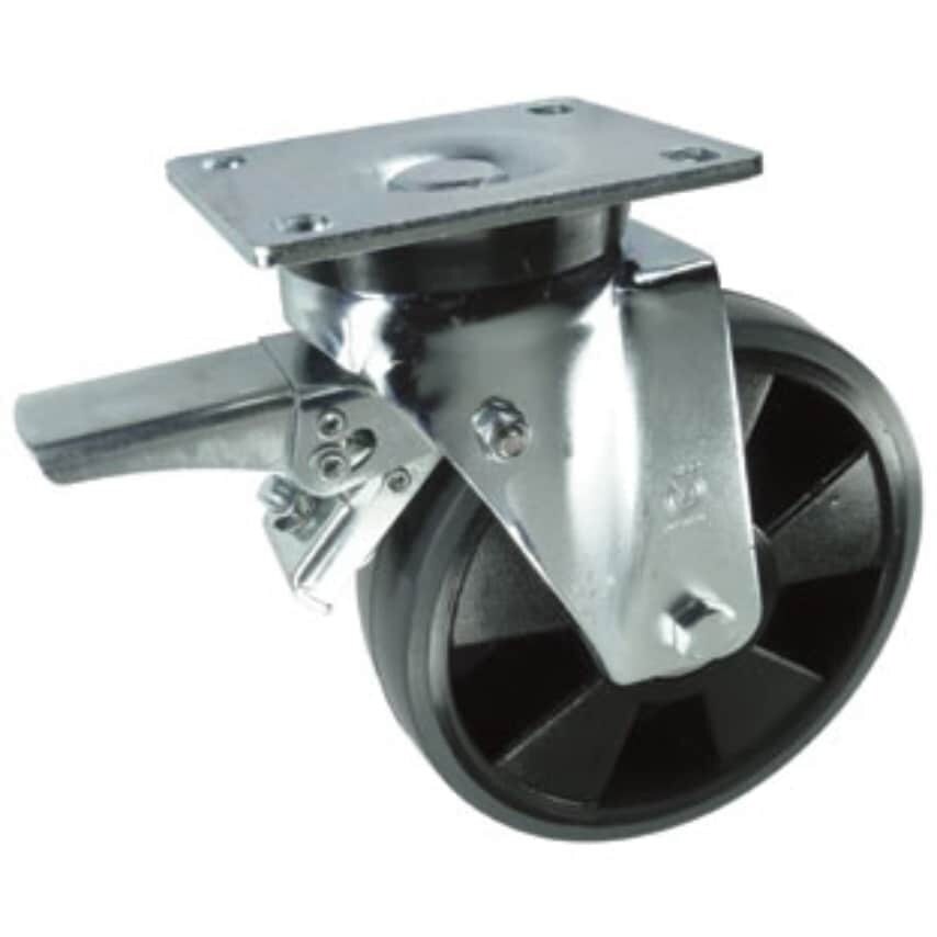 Varley Pressed Steel Plate Fixing Swivel Castor with Total Stop Brake, 125mm Pol