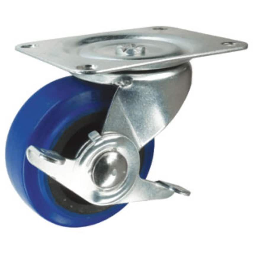 Varley Pressed Steel Plate Fixing Swivel Castor with Wheel Brake, 65mm Rubber Ty