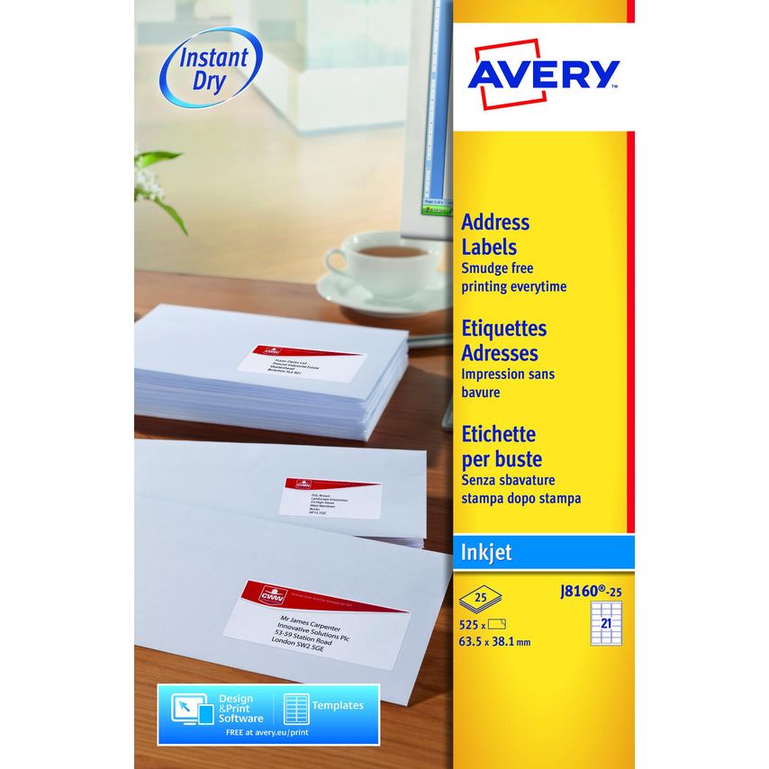 Avery Avery Inkjet Address Label 63.5x38.1mm 21 Per A4 Sheet White (Pack 525 Lab