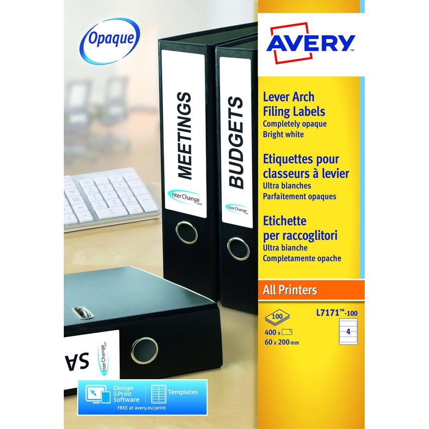 Avery Avery Laser Filing Label Lever Arch File 200x60mm 4 Per A4 Sheet White (Pa