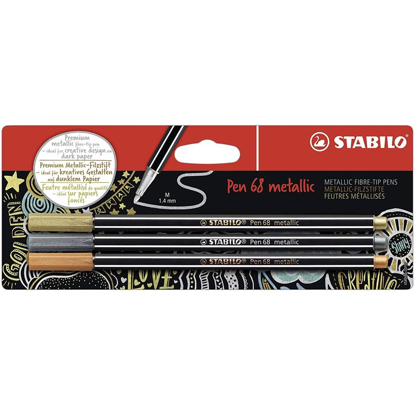 STABILO Pen 68 Metallic Fibre Tip Pen 1.4mm Line Gold/Silver/Copper (Pack 3)