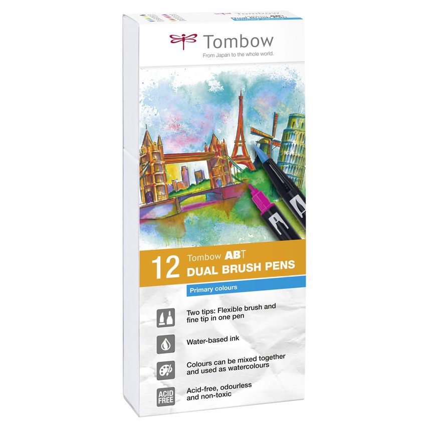 Tombow Tombow ABT Dual Brush Pen 2 Tips Primary Assorted Colours (Pack 12)