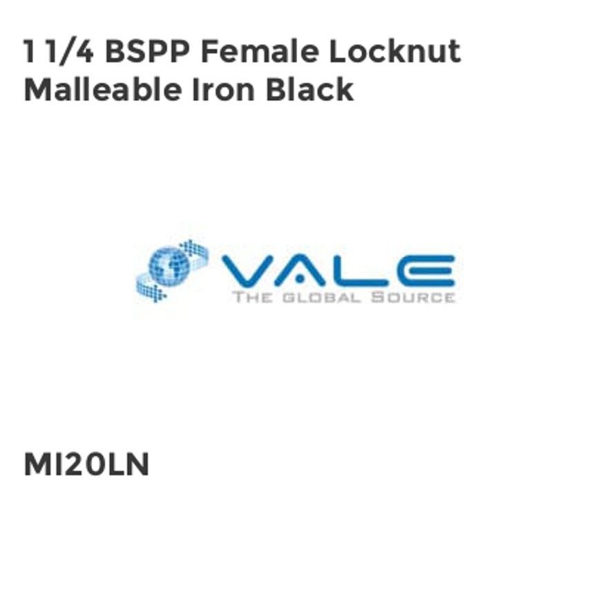 Vale 1 1/4 BSPP Female Locknut Malleable Iron Black MI20LN