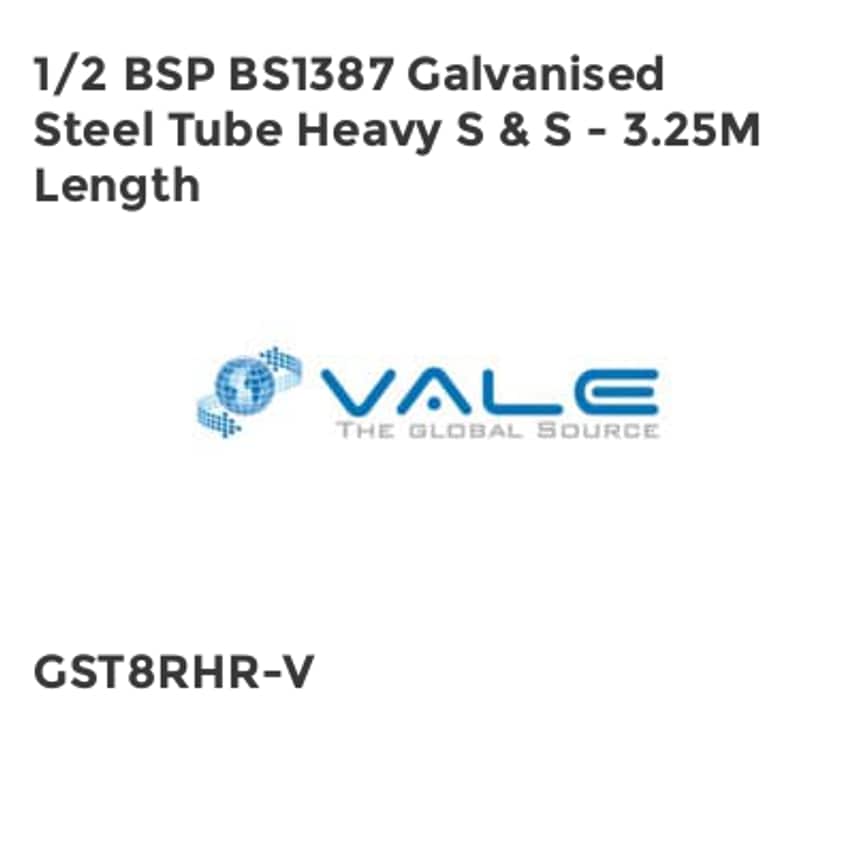 Shop Vale 1/2 BSP BS1387 Galvanised Steel Tube Heavy S & S - 3.25m ...