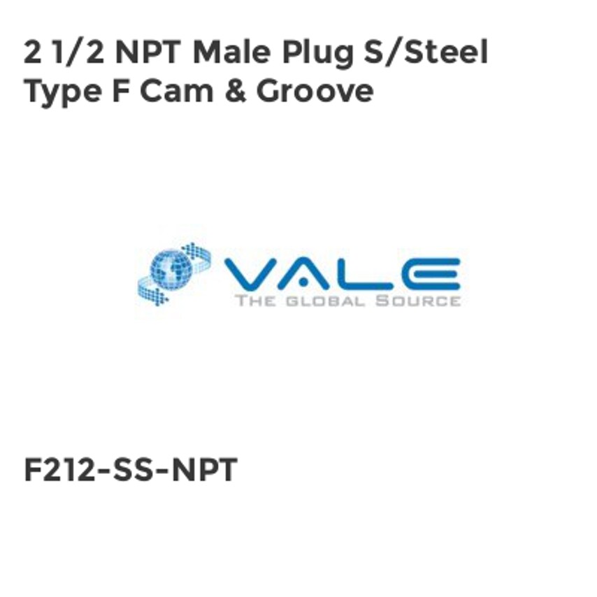 Vale 2 1/2 NPT Male Plug S/Steel Type F Cam & Groove F212-SS-NPT