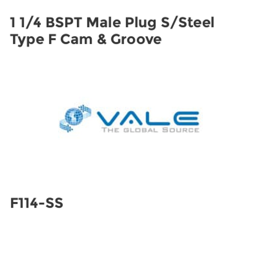 Vale 1 1/4 BSPT Male Plug S/Steel Type F Cam & Groove