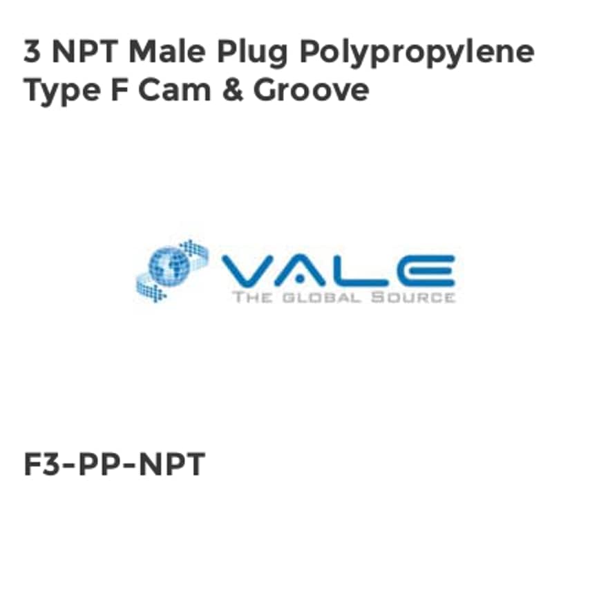 Vale 3 NPT Male Plug Polypropylene Type F Cam & Groove