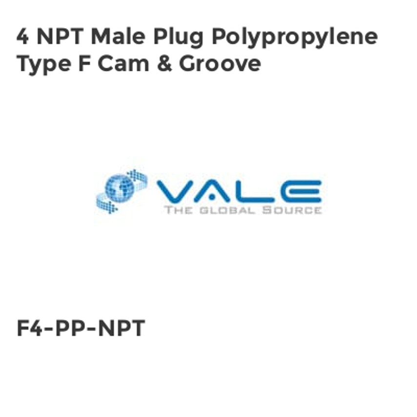 Vale 4 NPT Male Plug Polypropylene Type F Cam & Groove F4-PP-NPT