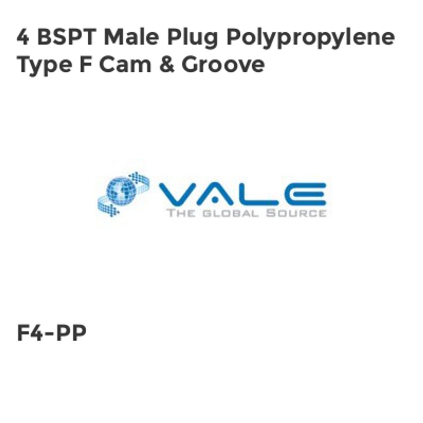 Vale 4 BSPT Male Plug Polypropylene Type F Cam & Groove