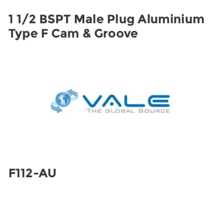 Vale 1 1/2 BSPT Male Plug Aluminium Type F Cam & Groove F112-AU