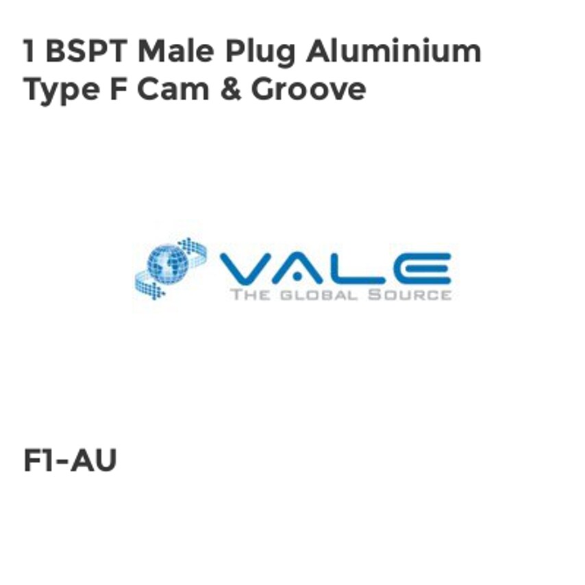Vale 1 BSPT Male Plug Aluminium Type F Cam & Groove