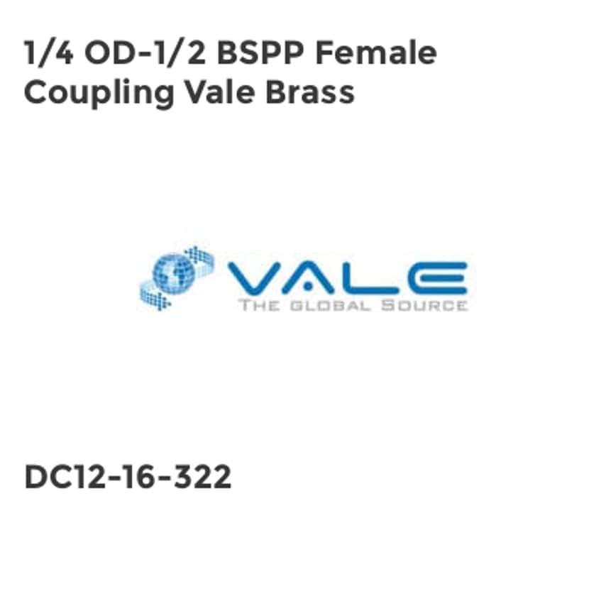 Vale 1/4 OD-1/2 BSPP Female Coupling Vale Brass DC12-16-322