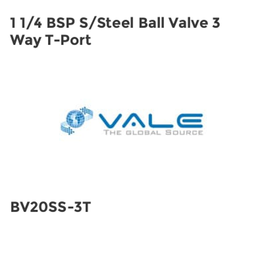 Vale 1 1/4 BSP S/Steel Ball Valve 3 Way T-Port