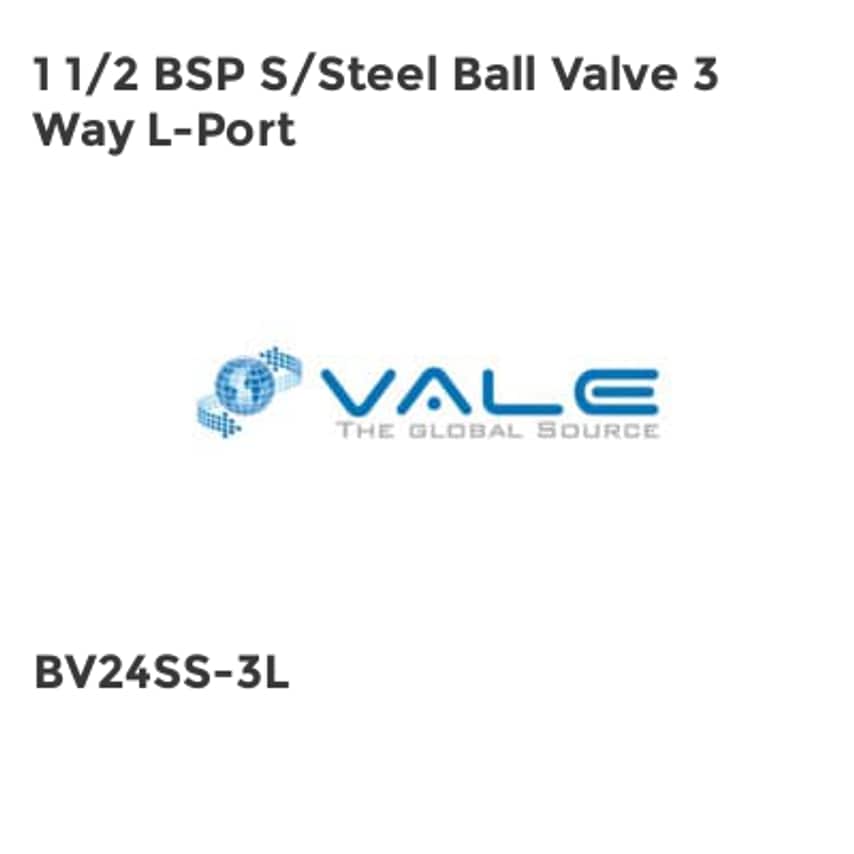 Vale 1 1/2 BSP S/Steel Ball Valve 3 Way L-Port BV24SS-3L