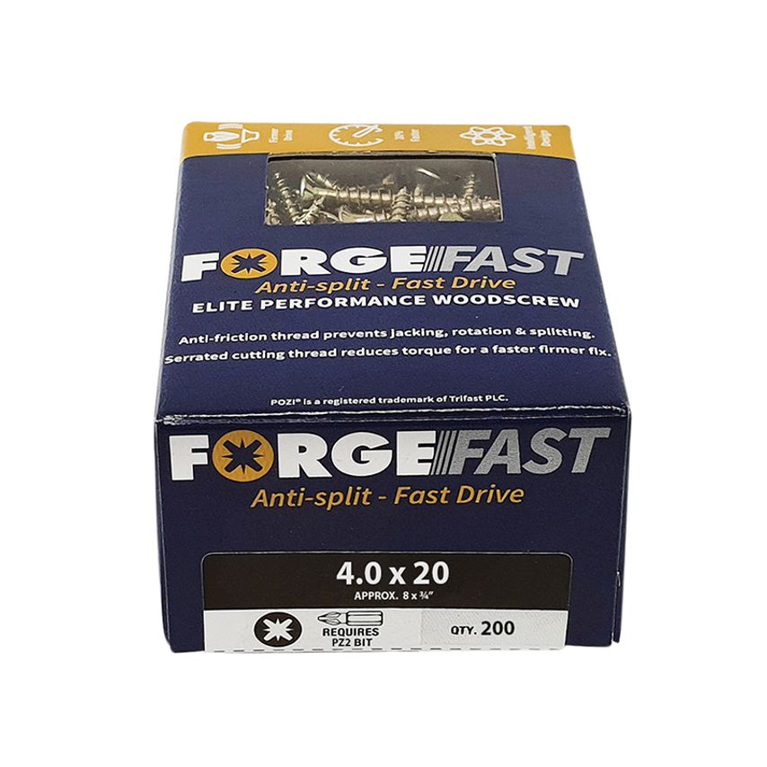 Forgefix ForgeFast Pozi Compatible Elite Performance Wood Screw ZY 4.0 x 20mm Bo
