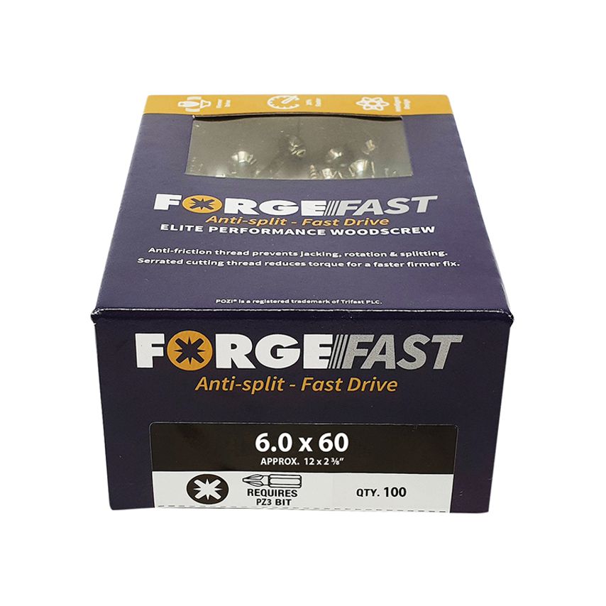 Forgefix ForgeFast Pozi Compatible Elite Performance Wood Screw ZY 6.0 x 60mm Bo