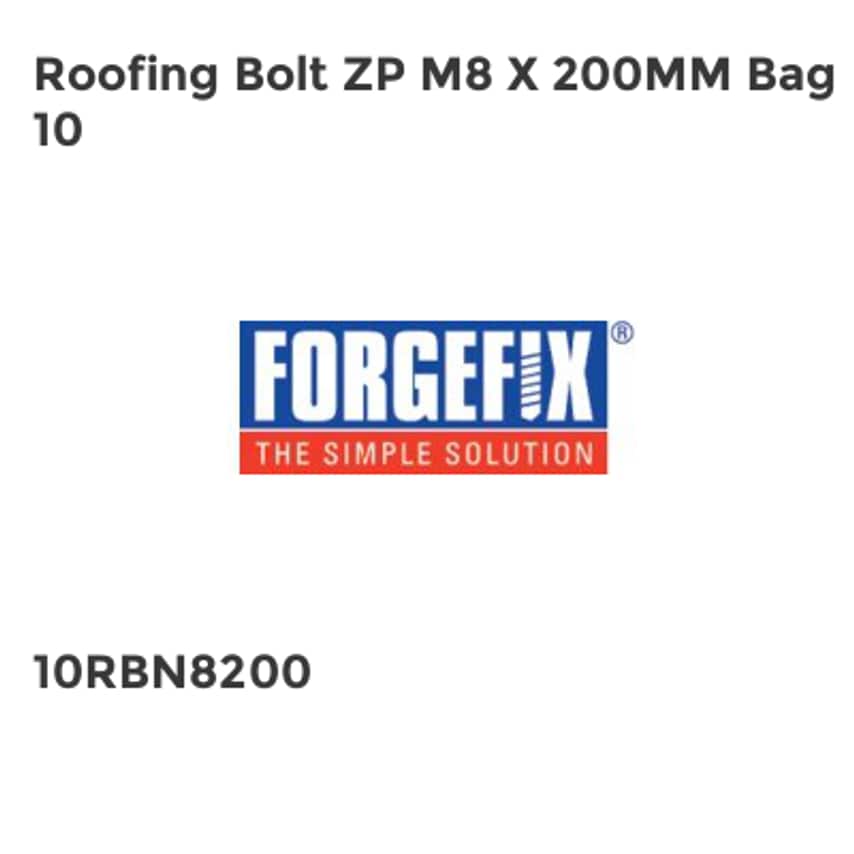Forgefix Roofing Bolt ZP M8 x 200mm Bag 10 FORRBN8200M