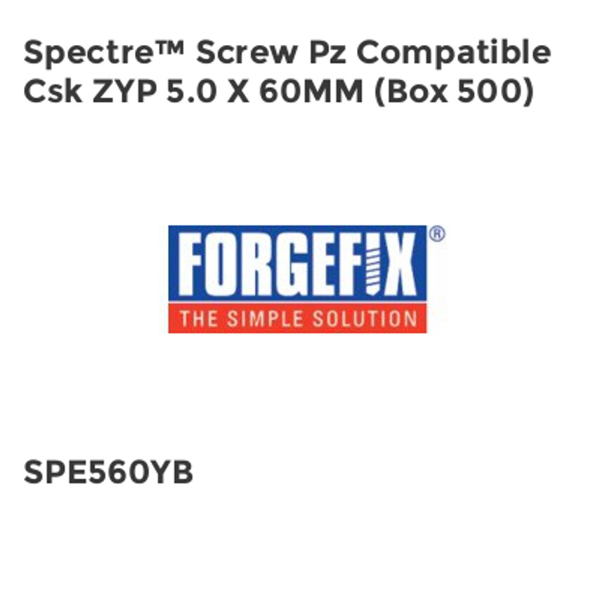 Forgefix Spectre PZ Compatible Wood Screw CSK ZYP 5.0 x 60mm Box 500 FORSPE560YB