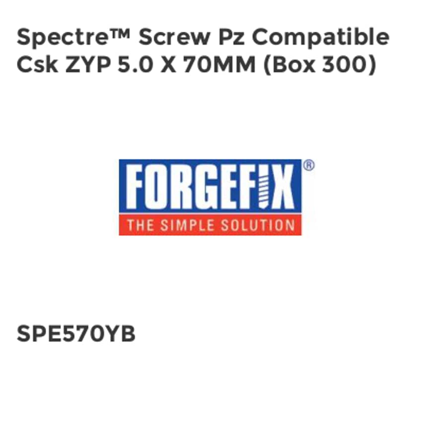 Forgefix Spectre PZ Compatible Wood Screw CSK ZYP 5.0 x 70mm Box 300 FORSPE570YB