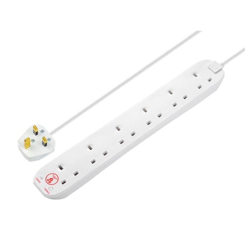 Masterplug Extension Lead 240V 6-Gang 13A White Surge Protected 2m MSTSRG6210