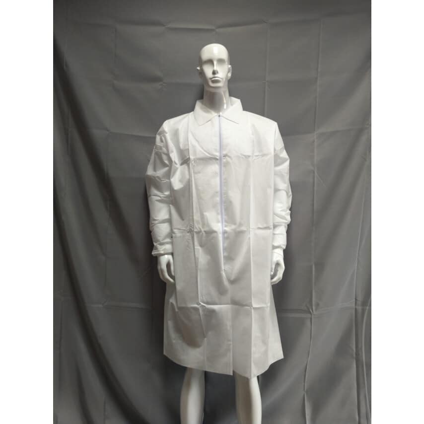 Disposable Lab Coat, White, with Zipper and Knitted Cuffs, 55GSM (L)