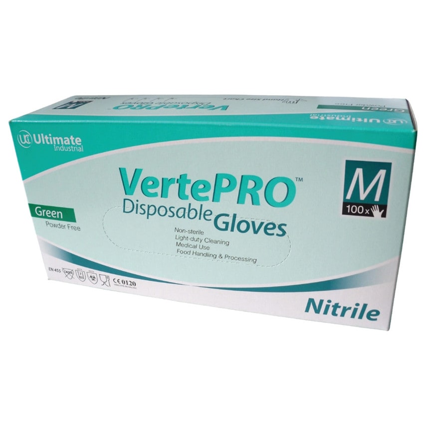Ultimate Industrial Disposable Gloves, Green, Nitrile, Powder Free, - you get 10