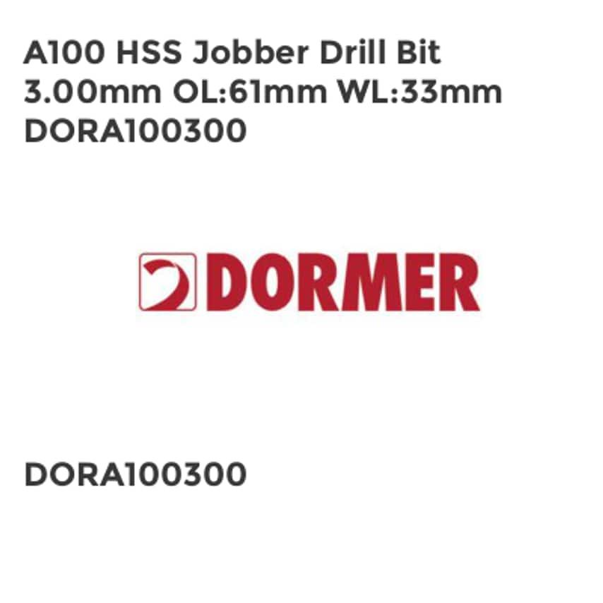 Dormer A100 HSS Jobber Drill Bit 3.00mm OL61mm WL33mm DORA100300  - Picture 1 of 1