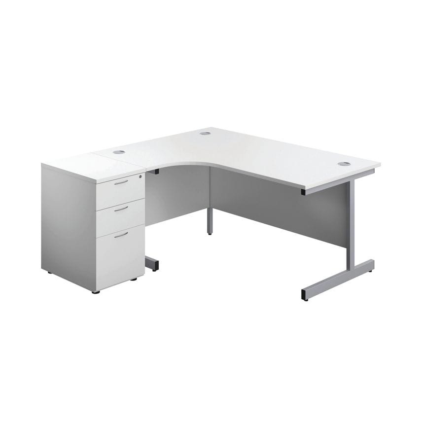 First Left Hand Radial Desk 1600mm White/Silver with Pedestal - KF803270