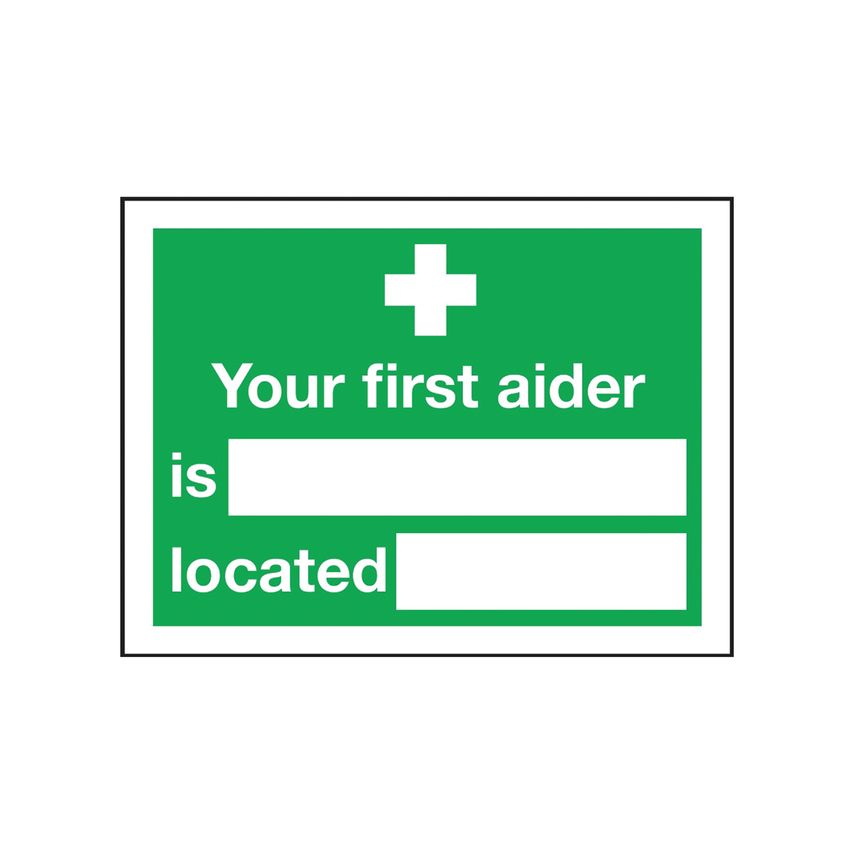 Safety Sign Your First Aider is 150 x 200mm Self-adhesive E42A/S