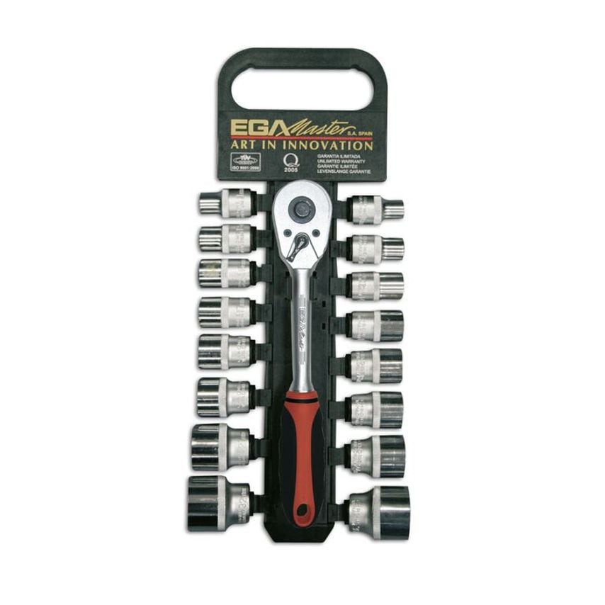 EGA Master Set of 17 Pieces- Socket Wrenches and Reversible Ratchet Handle of 1/