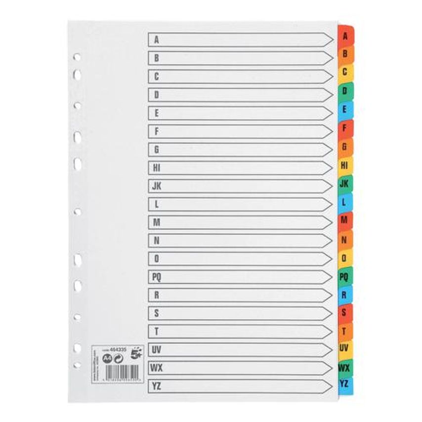 5 Star Index 230 micron Card with Coloured Mylar Tabs A-Z A4 White