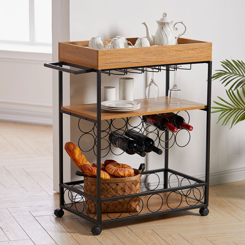 Living and Home Metallic Rolling Serving Bar Cart with Wine Rack