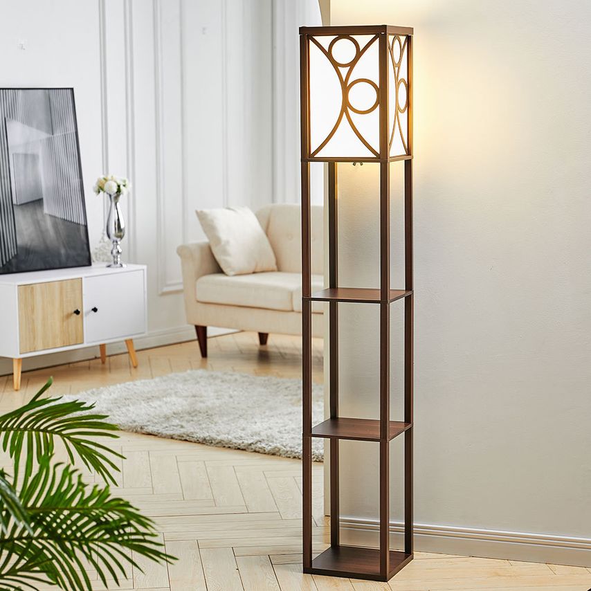 Living and Home Floor Lamp Wood Standing with Storage Shelf